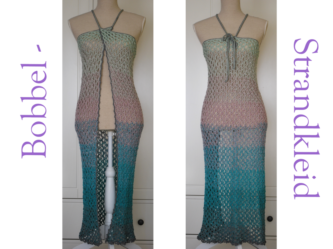 Gehäkeltes Ombre-Maxikleid mit Neckholder, Vorder- und Rückansicht auf Schneiderpuppe