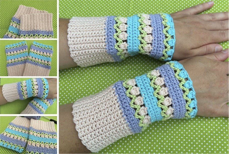 Nahaufnahme gehäkelter Armstulpen in Pastellfarben mit Streifen-, Loch- und Noppenmuster, auf Handgelenken getragen.