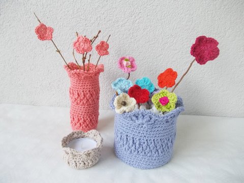 Häkelanleitung Korb, Vase, kleine Schale und Häkelblumen