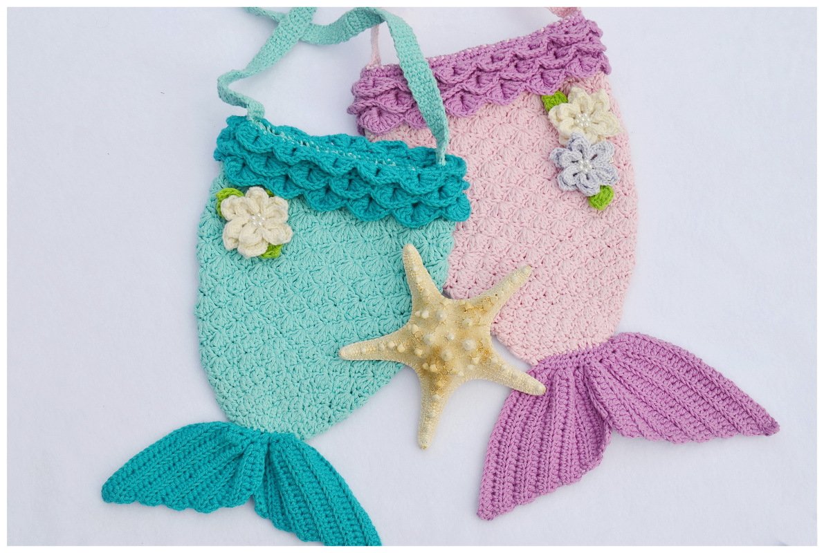 + MEERIA + Meerjungfrauentasche mit Blüten häkeln, Mädchentasche, Handtasche, für alle Größen zu arbeiten