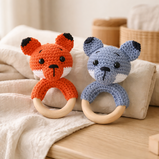 Crochet Pattern 2in1 Wolf and Fox Rattle, crochet Babyrattle