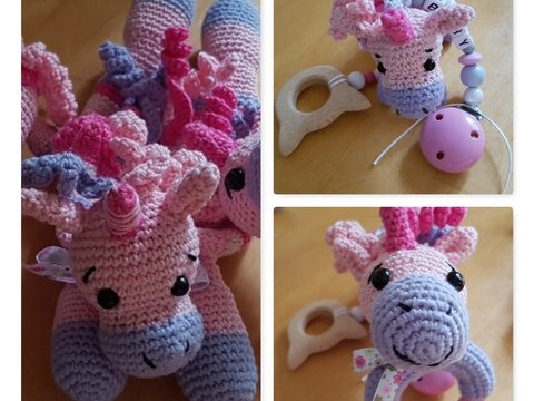 Baby-Kuschelset Einhorn, Kuscheleinhorn, Rassel, Aufhänger