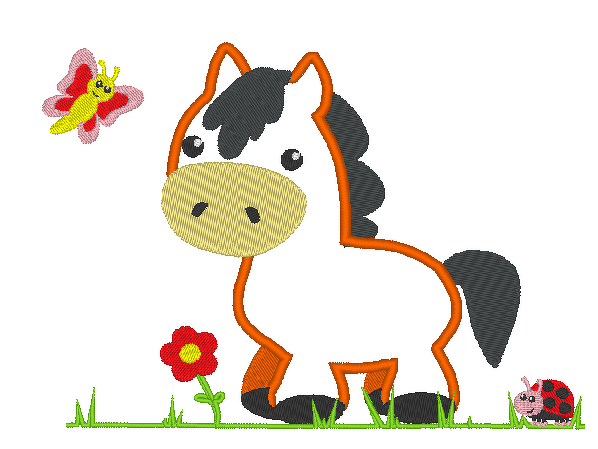 Gesticktes Pony mit Schmetterling, Blume, Marienkäfer und Grasbordüre