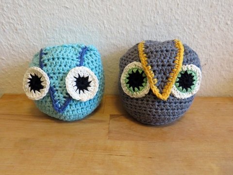 Häkeleulen in Türkis und grau