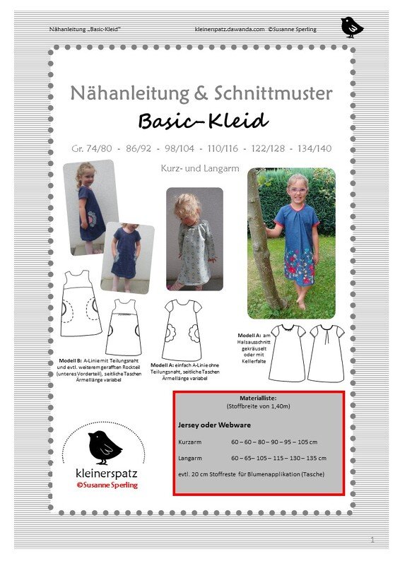 Umschlag eines Schnittmusters für ein Basic
Kleid: Fotos von Kindern in verschiedenen Varianten, technische Zeichnungen und Materialliste