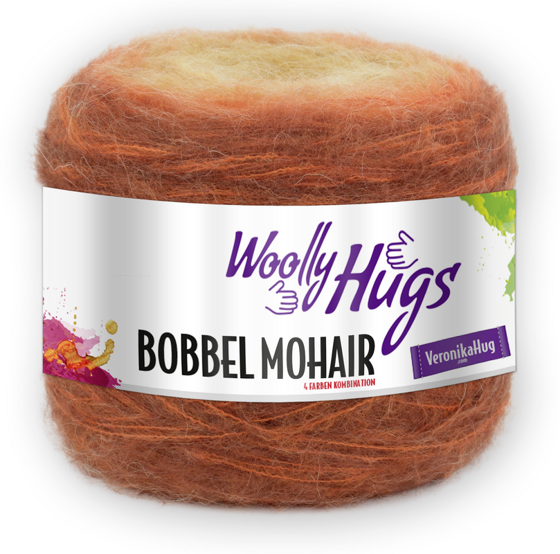 Knäuel flauschiges Bobbel Mohair-Verlaufsgarn in herbstlichen Creme-, Orange- und Brauntönen mit weißer Banderole