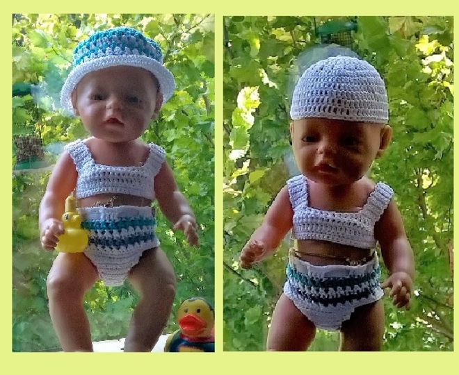 Bikini, Sommerhut und Badekappe, Puppengreöße 43 cm