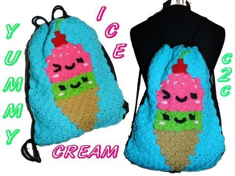 Häkelanleitung * ICE-CREAM Eistüte * Häkel-RUCKSACK~BEUTEL * C2C, Ecke zu Ecke