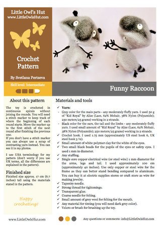 091 Crochet Pattern - Funny Raccoon with wire frame - Amigurumi PDF file by Pertseva CP