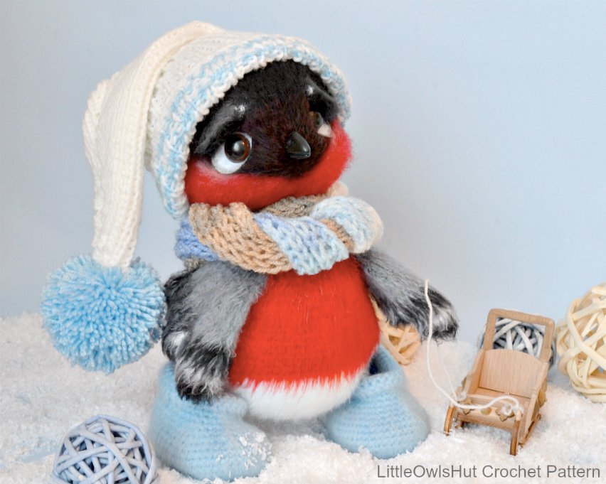 203 Crochet Pattern - Bullfinch with Hat and Scarf - Amigurumi soft toy PDF file by Ogol CP