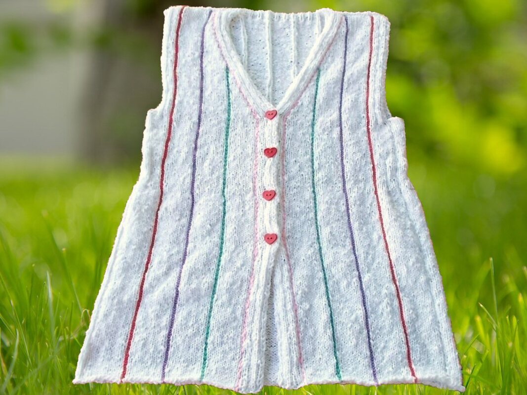 Weiße gestrickte Damenweste mit vertikalen bunten Streifen und vier rosa Herzknöpfen