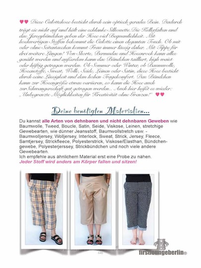 Culotte Damenhose Kellerfalten Hose - in 9 Größen 30/32 bis 56/58 - Nähanleitung mit Schnittmuster von firstloungeberlin
