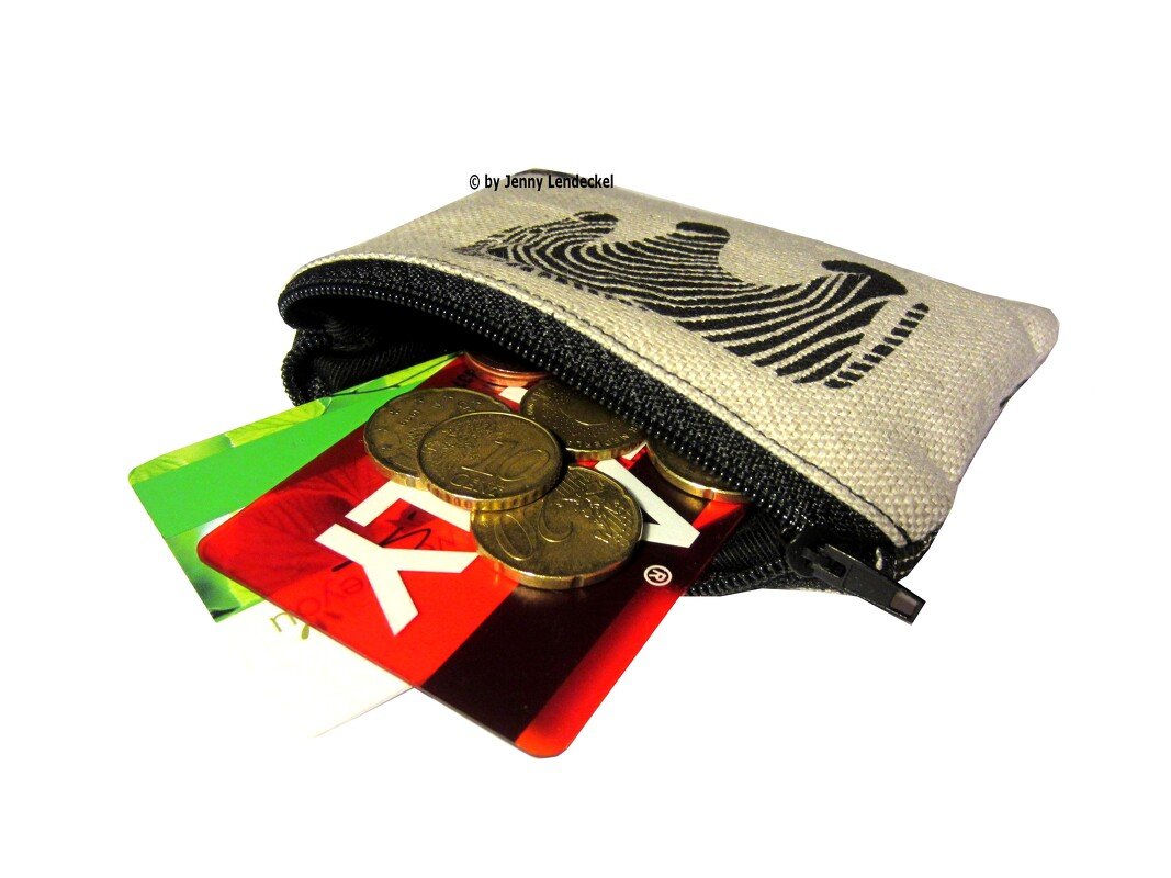 Beigefarbene Münztasche mit Zebramuster und Reißverschluss, offen mit Münzen und Karten