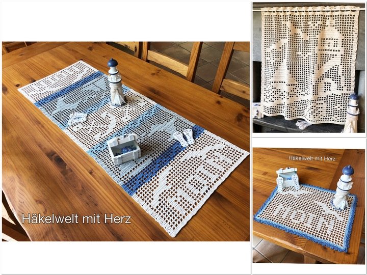Häkeln / Sparset / Tischläufer / Platzdeckchen + Gardine "Maritim"