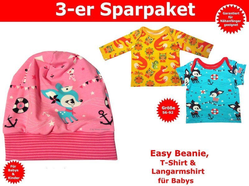 Nähidee: rosa Beanie mit gestreiftem Bund, gelbes Langarmshirt und türkis Kurzarmshirt mit Druckmotiven