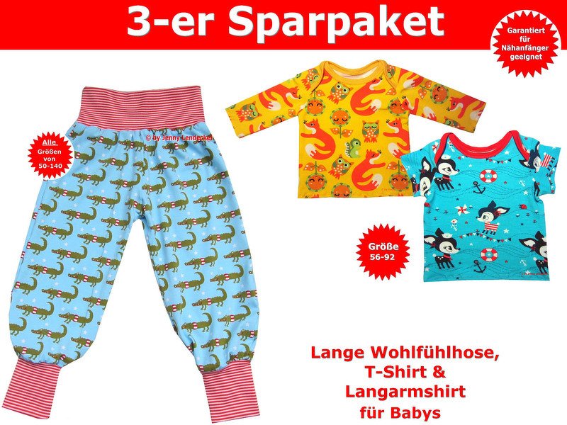 Drei Babykleidungsstücke: blaue Hose mit Krokodilmotiv, gelbes Langarmshirt mit Waldtieren und hellblaues T‑Shirt mit Rehen und Ankern.