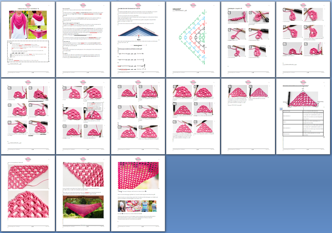 PDF-Seiten einer Häkelanleitung für ein rosafarbenes Dreieckstuch mit Schrittfotos, Diagramm und Nahaufnahmen der Maschen