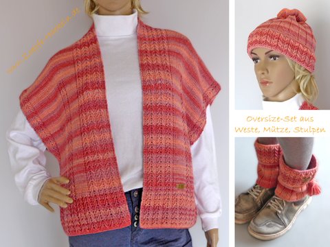 Mod. 033 - Set aus Oversize-Weste / Mütze / Beinstulpen - mit Zopfmuster