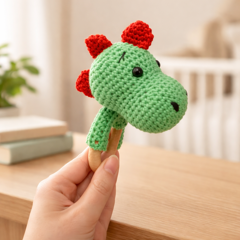 Hand holding a green crocheted dinosaur rattle with red spikes on a wooden ring in front of a crib