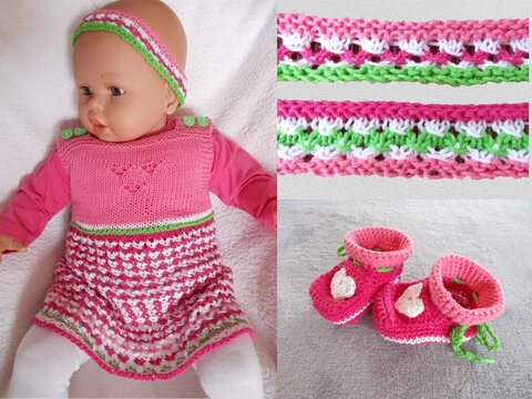 Babykleid mit Lochmuster plus Schuhe und Stirnband - Strickanleitung