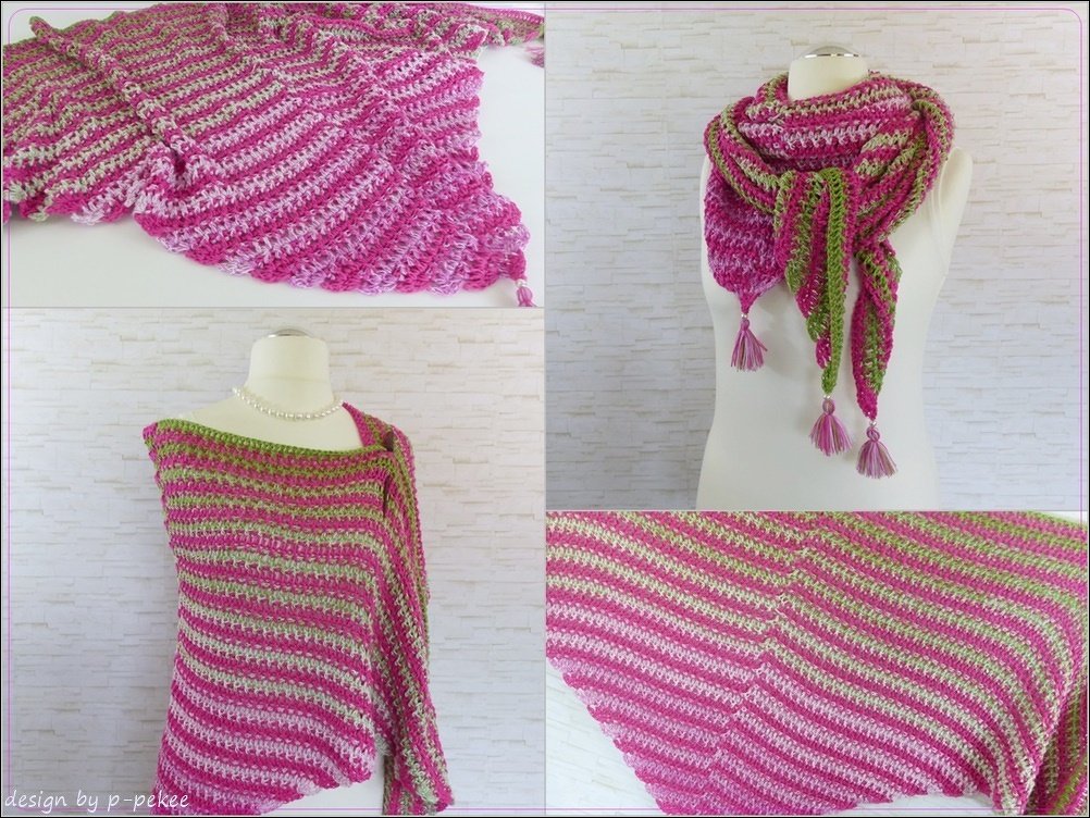 Gehäkeltes Dreieckstuch in Pink, Grün und hellen Akzenten mit gestreiftem Muster; Collage zeigt Nahaufnahmen von Maschen und Quasten sowie verschiedene Trageweisen an einer Schneiderpuppe.