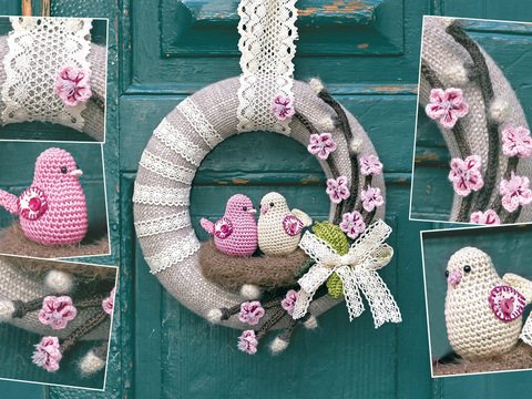 Türkranz aus Wolle mit gehäkeltem Vogelpärchen