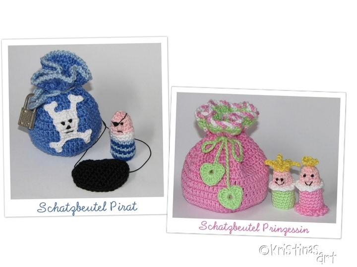 Häkelanleitung 2 Schatzbeutel - 3 Fingerpuppen - Pirat und Prinzessin