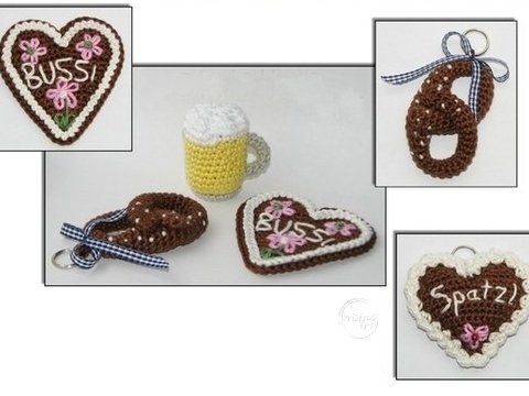 Häkelanleitung Oktoberfest - Set für Lebkuchenherzen Brezel Bier