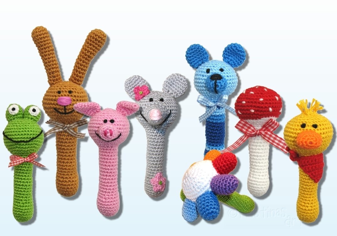 Häkelanleitung Rassel - 8 Motive - Babyspielzeug