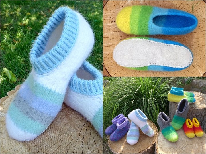 Filzschuhe mit selbstgemachten Ledersohlen Gr. 18 - 45