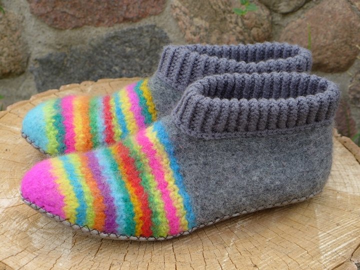 Filzschuhe mit selbstgemachten Ledersohlen Gr. 18 - 45
