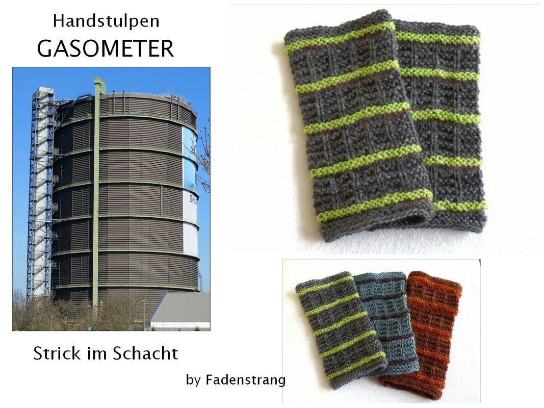 Mehrere Paar gestrickter Armstulpen neben einem Foto eines Gasometers, unterschiedliche Farben und Streifenmuster