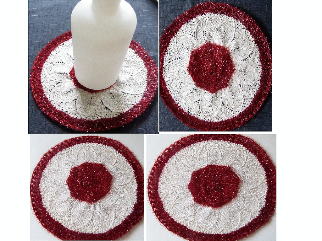 Rundes gestricktes Deckchen, weiß mit rotem Zentrum und Rand, Ajour-Blattmuster