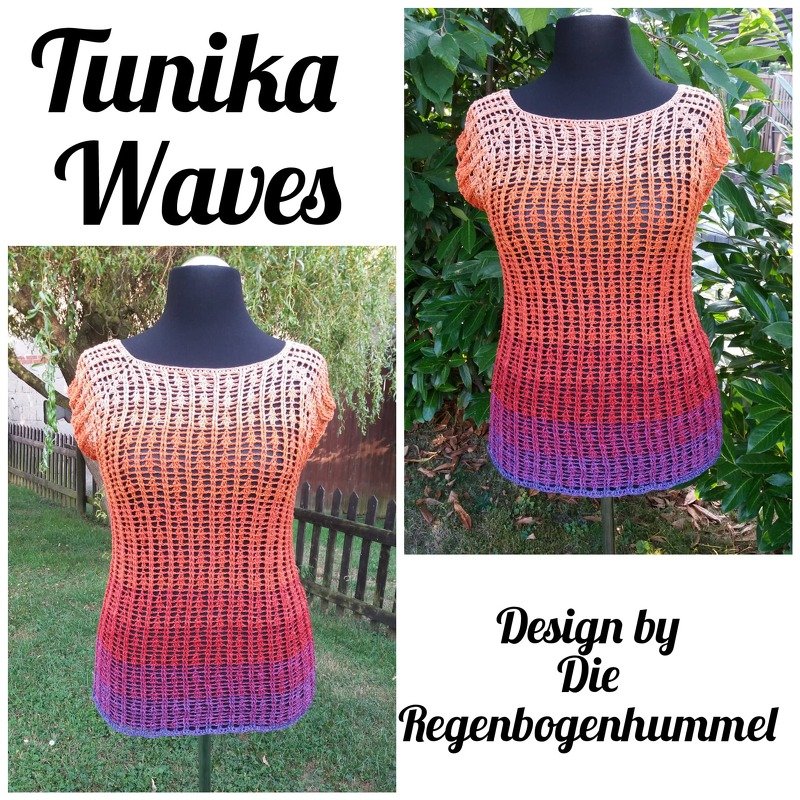 Gehäkelte Tunika in Orange-Rot-Violett mit Netzstruktur auf schwarzer Schneiderpuppe