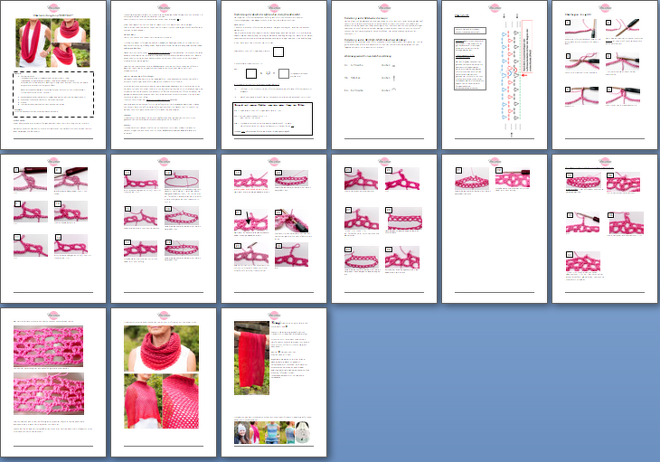 Mehrseitige Häkelanleitung für einen rosa Loop-Schal mit Nahaufnahmen der Häkelschritte, Musterdiagrammen und Tragefotos