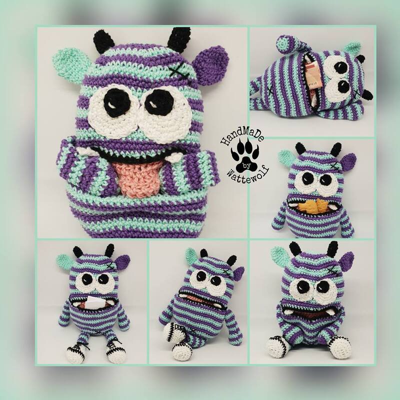 Collage: lila- und mintgrün gestreiftes gehäkeltes Amigurumi-Monster in mehreren Ansichten, mit offenem Mund zum Aufbewahren kleiner Gegenstände