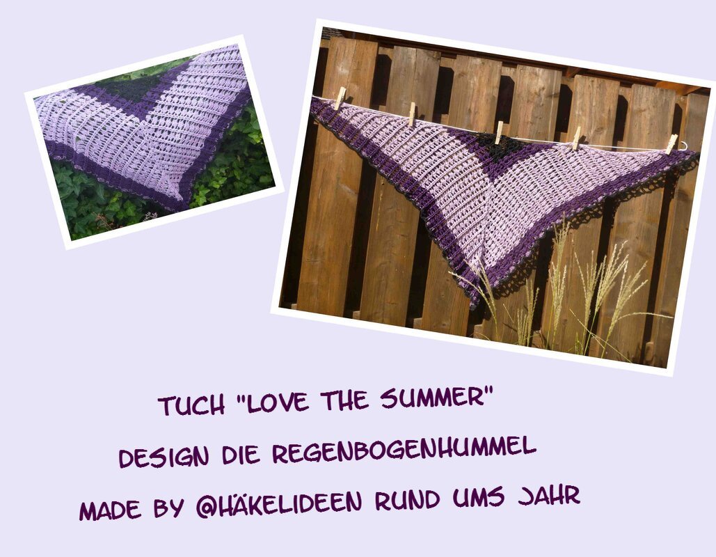 Gehäkeltes Dreieckstuch in hell- und dunkelvioletten Tönen mit gezackter Borte, aufgehängt an einer Wäscheleine vor Holzzaun