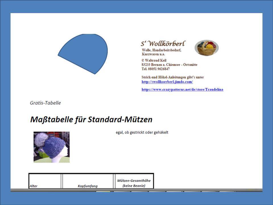 Gratis-Maßtabelle für gestrickte oder gehäkelte Standard-Mützen - alle Größen
