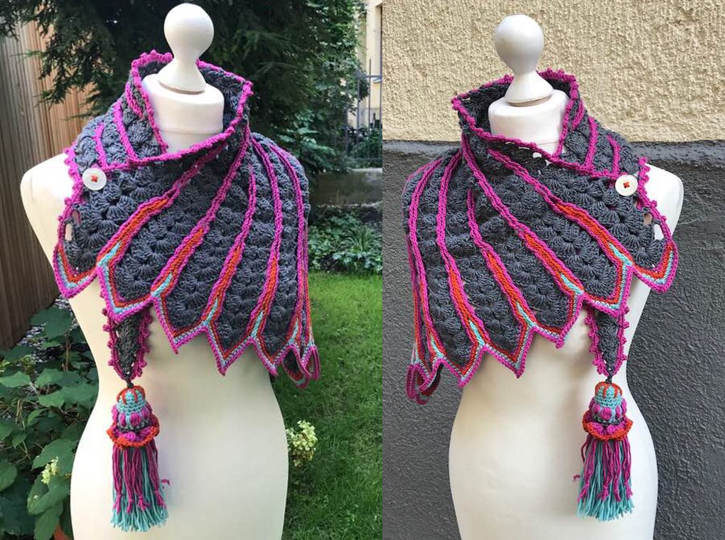 Zwei Ansichten eines gehäkelten Kragenschals mit Muschel- und Fächermuster sowie Quaste