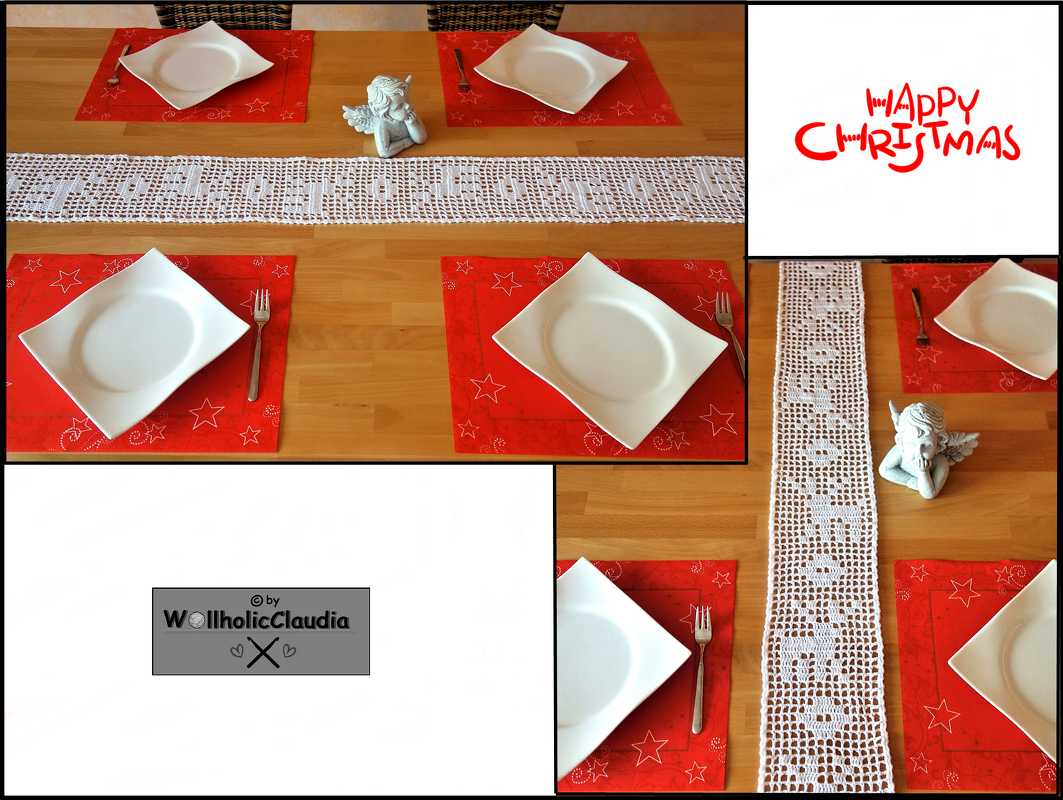 Weißer gehäkelter Tischläufer mit „Happy Christmas“-Schriftzug auf einem festlich gedeckten Tisch mit roten Platzsets und weißen Tellern.