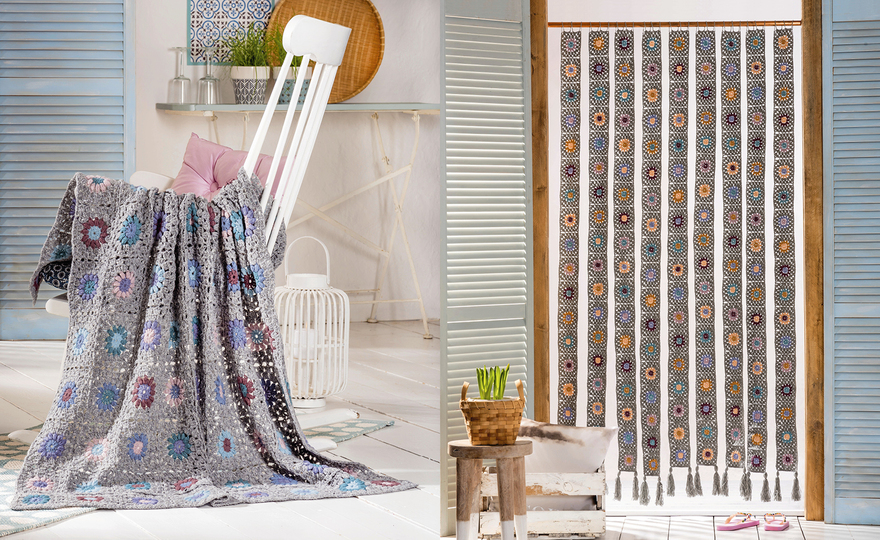 Granny Squares – Decke und Vorhang aus Häkelquadraten