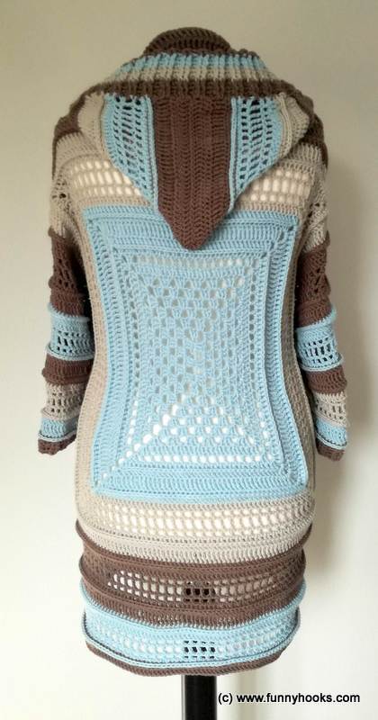 Longline crochet shrug with hood, framed granny-square back and alternating lacy and solid stripes