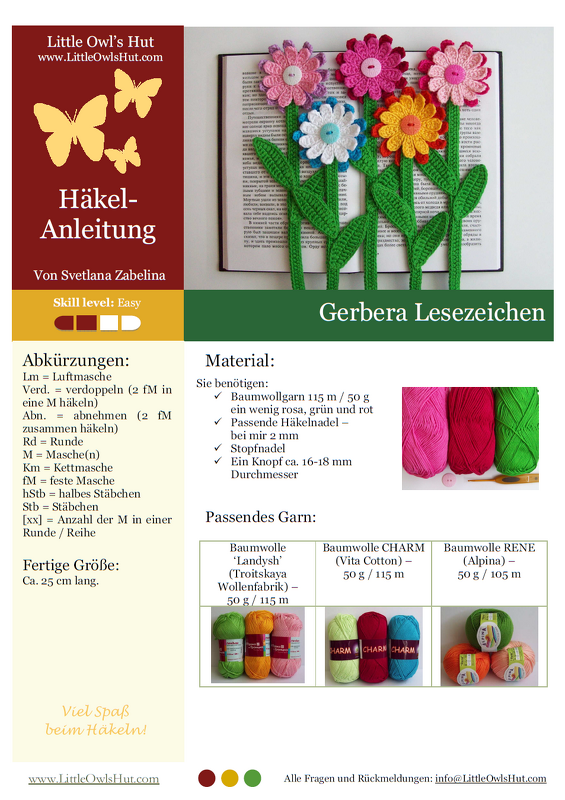 Mehrere gehäkelte Gerbera-Lesezeichen in verschiedenen Farben mit grünen Stielen auf einem aufgeschlagenen Buch