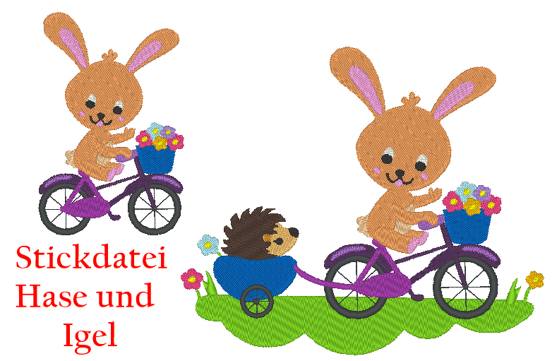 Hase und Igel auf dem Fahrrad Stickdatei