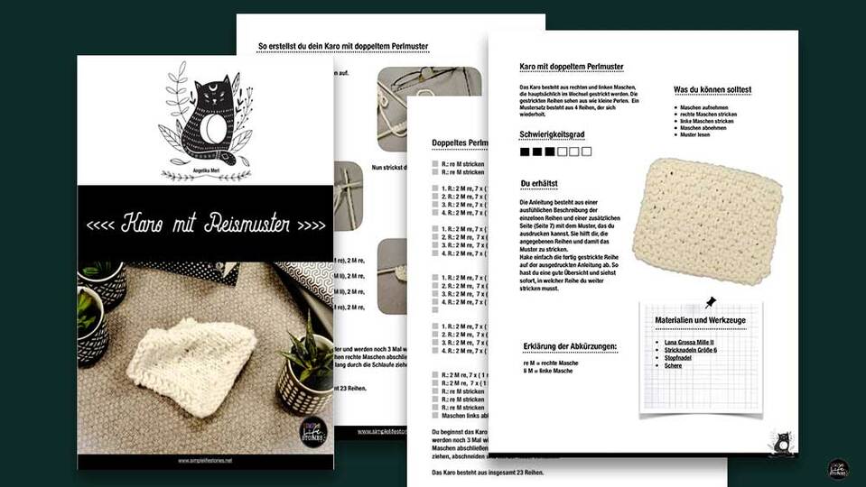 Strickanleitung Karo mit Reismuster für eine Sofadecke