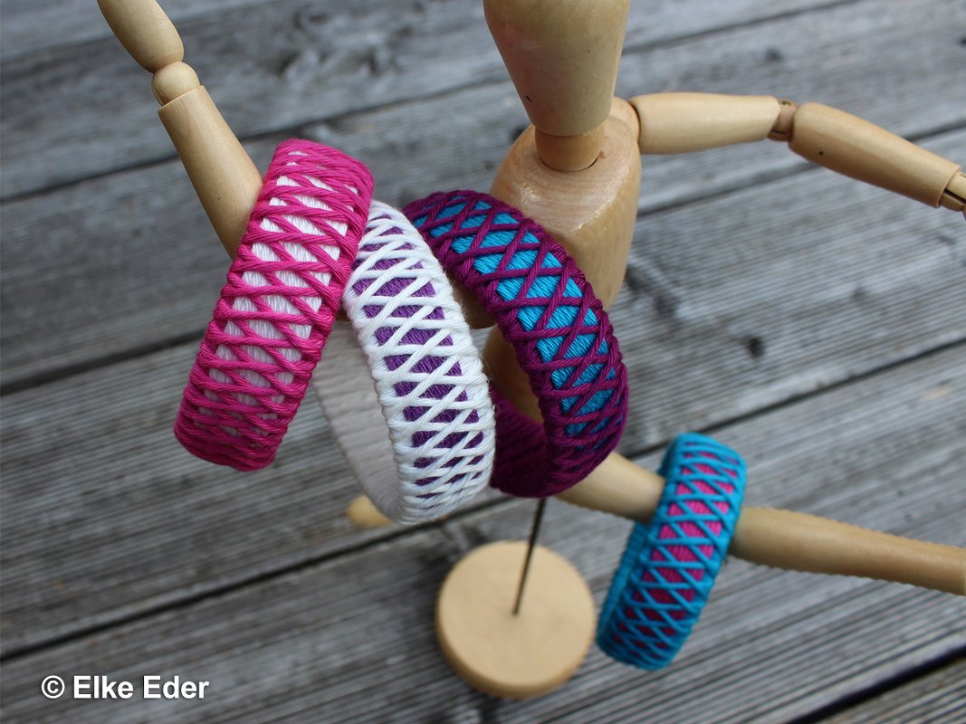 Armreif basteln - moderner Armschmuck aus PET-Flaschen und Garn - Modell "Criss-Cross"