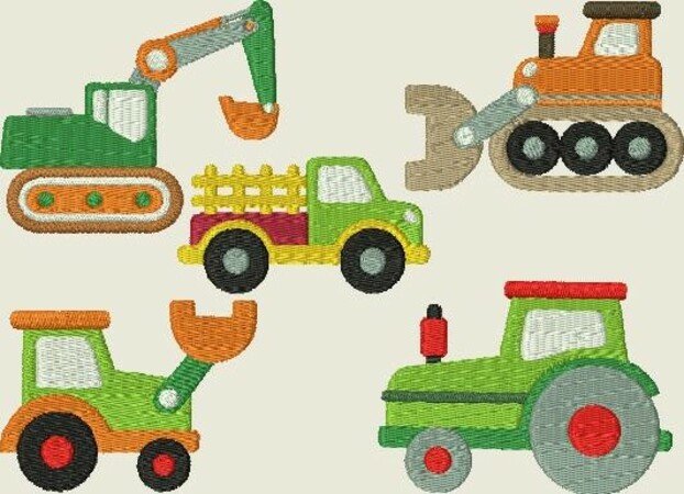 Stickdatei Stickmuster Baufahrzeuge, Bagger, Traktor, 150