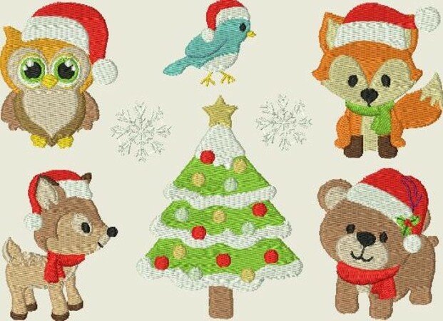 Stickdatei Weihnachten Eule Fuchs, Reh, Bär, Vogel, Schneeflocke 265