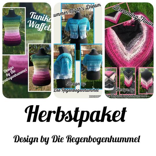 Herbstpaket Tunika Waffels, Jacke Summer Night´s Dream, Häkeltuch Dreaming Flowers