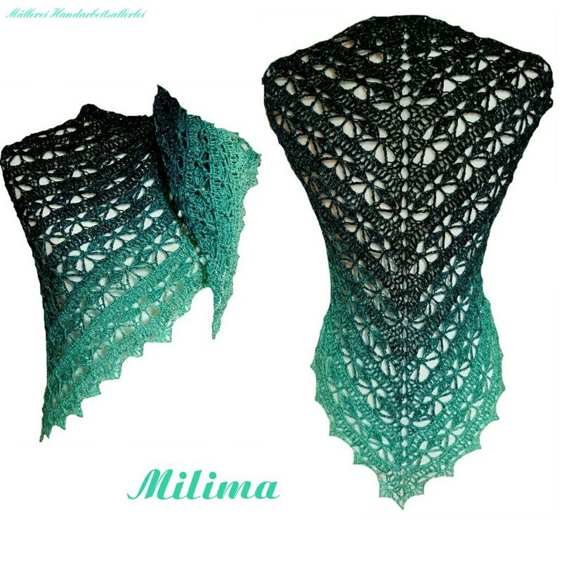Gehäkeltes Ombré-Dreieckstuch in Grün mit filigranem Spitzenmuster, zwei Ansichten